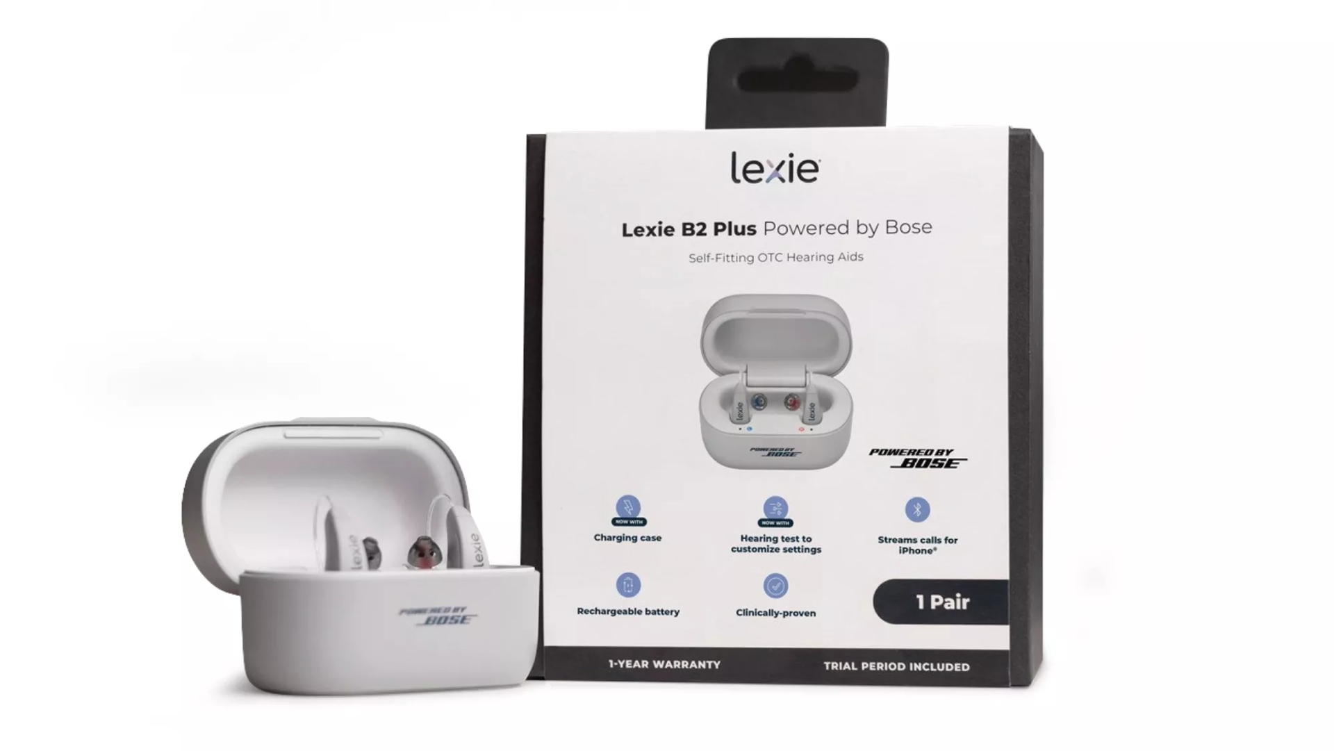 Lexie B2 Plus self-fitting OTC Hearing Aids in their case next to the product&rsquo;s carton